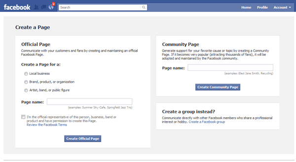create a facebook. Where to go to Create a Facebook Page